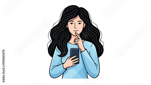 Young woman thoughtfully holding a smartphone in her hand.