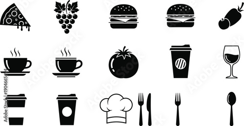 Black Food and Beverage Icon Set Featuring Pizza Burgers Grapes Tomato Coffee Cups Wine Glass Chef Hat And Cutlery For Restaurant Menu And Cafe Branding