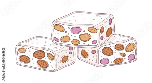 Sweet Nougat Confectionery Squares Filled with Nuts and Berries