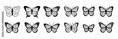 Butterflies line art set with black and white silhouettes, detailed wings and symmetry, minimalist insect icons for logo, tattoo, sticker, scrapbook, pattern design