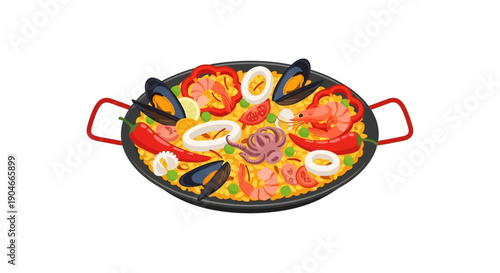 Delicious Seafood Paella dish prepared in a traditional pan, showcasing a vibrant mix of rice, shrimp, mussels, calamari, and bell peppers, perfect for culinary inspiration
