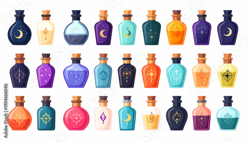 Assorted Colorful Bottles with Symbols Inside.