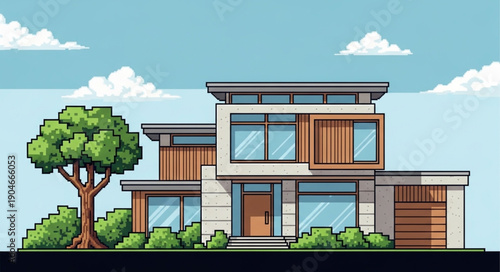 Modern Architectural House Design with Large Windows and Greenery.