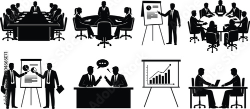 Black silhouette vector set of business people in meetings presentations and seminars for corporate teamwork office communication professional development and leadership training design concepts
