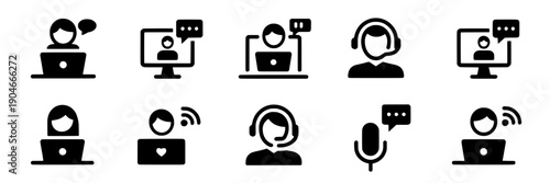 Icons customer service set with computer and headset elements featuring support, communication, technology with tech support and online support elements for help desk, technical support projects,