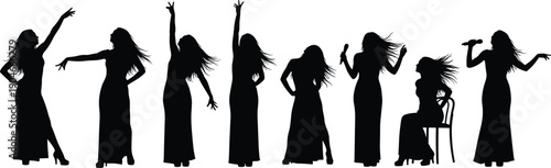 Black silhouette vector set of female singers in elegant long dresses performing on stage with microphones for live music concert and entertainment industry concepts