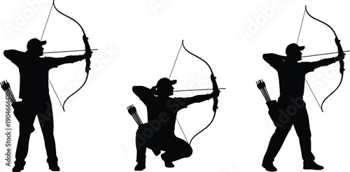 Black silhouette vector set of male archers in various poses including standing and kneeling while drawing a bow and arrow for competitive sports concepts
