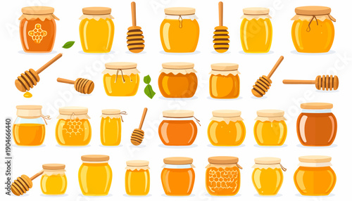 Assorted Honey Jars and Dippers Illustration.