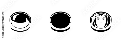 Astronaut helmets vector set with black and white designs, featuring different facial representations, simple lines, and minimalist style. featuring space, graphic, illustration with space suit and