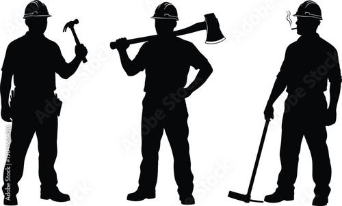 Black silhouette vector set of male construction workers in hard hats holding a hammer axe and pickaxe for industrial labor and manual work concepts