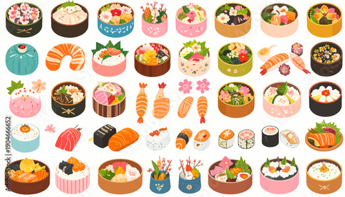 Assorted Sushi and Japanese Food Illustrations.