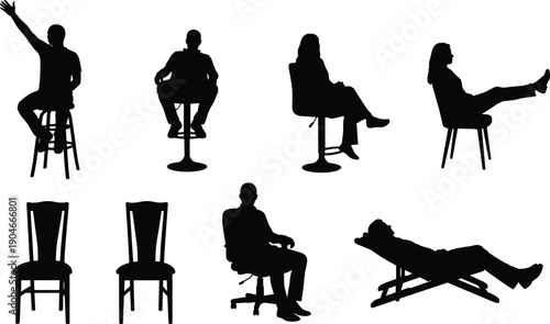 Black silhouette vector set of men and women in various sitting poses on office chairs bar stools and lounge furniture for interior design concepts