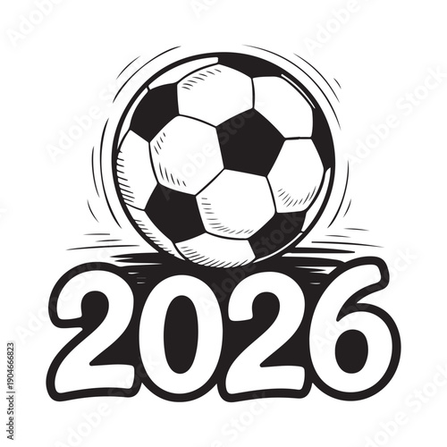 A black and white soccer ball illustration with the year 2026 prominently displayed below
