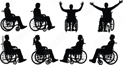 Black silhouette vector set of men and women in wheelchairs in various poses including sitting resting and cheering for disability and accessibility concepts