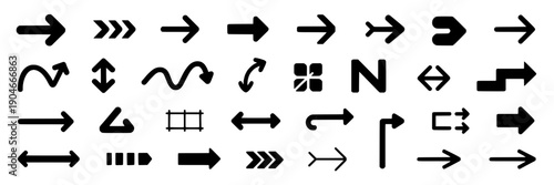 Arrows set with various black styles and designs for navigation and direction featuring icons, symbols, graphics with vector and illustration elements for simple, modern projects, clean composition