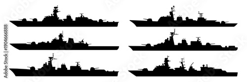 Warships silhouette set with different naval vessels and military designs featuring silhouettes, black ships, ship silhouettes with navy ships elements, clean composition on simple background