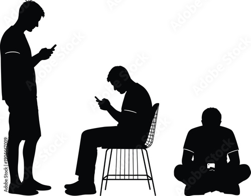 Black silhouette vector set of men using smartphones in various poses including standing sitting on chair and sitting cross legged for modern technology concepts