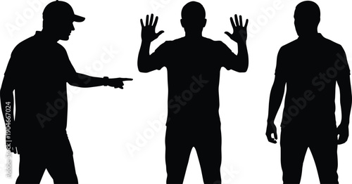 Black silhouette vector set of men in various poses including pointing gesturing with hands up and standing for communication and human interaction design concepts