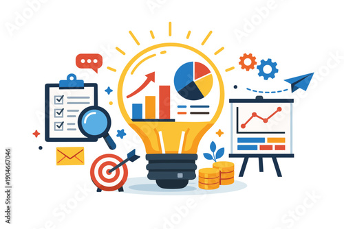 Bright Colorful Business Idea Concept Illustration – Large Lightbulb with Charts, Pie Graph, Target, Gears, Clipboard, Magnifier and Presentation Board, Modern Flat Vector Design