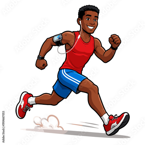 Happy African American Man Running Jogging with Earphones and Armband Cartoon Illustration