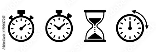 Clocks set with stopwatch, hourglass and timer icons in black featuring clock, time, symbols with monochrome and simple elements for minimalistic, ui projects, clean composition on simple background