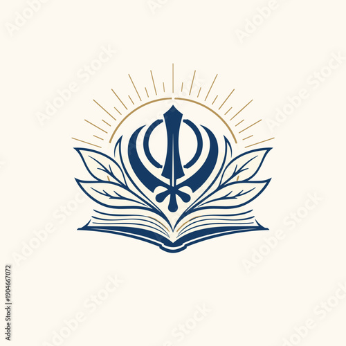 Sikh Khanda Symbol on Open Book with Golden Sun Rays Spiritual Logo Emblem