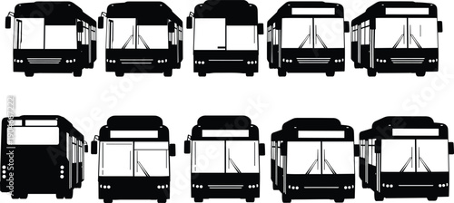 Black silhouette vector set of modern city buses showing front and rear views for urban public transportation municipal transit logistics and metropolitan commuter design concepts