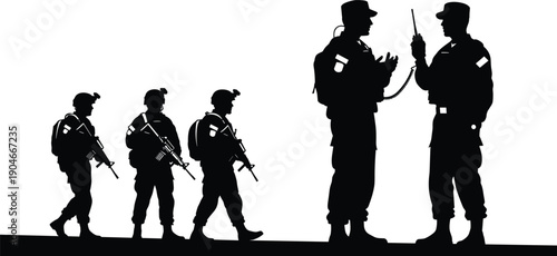 Black silhouette vector set of modern soldiers in full combat gear walking with rifles and officers communicating with radio for military and defense concepts
