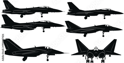 Black silhouette vector set of modern supersonic fighter jets showing side and front profiles for military aviation national defense and aerospace engineering design concepts
