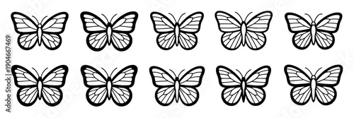 Butterflies black and white set with simple designs and minimalist style for decoration or design elements featuring decorative, insects, monochrome with illustration and graphic resources elements