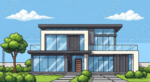 Modern Architectural House Design with Large Glass Windows and Green Landscaping.