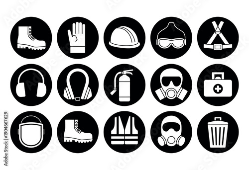 Safety Construction Equipment Icon Set, Health and Safety Vector Illustration