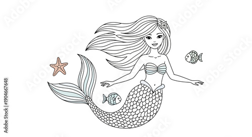 Whimsical Mermaid illustration with enchanting underwater elements and playful sea creatures, perfect for fantasy and ocean-themed designs