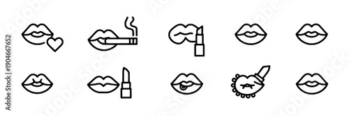 Lips icon set with various expressions and cosmetics in black outline style featuring icons, lipstick, smoking with heart and kiss elements for mouth, simple graphics projects, clean composition on