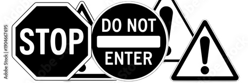 Warning signs set with stop and do not enter signs and exclamation mark featuring caution, alert, black and white with vector graphics and illustration elements for graphic design projects, clean