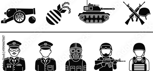 Professional vector set featuring military silhouettes and defense icons including army soldiers, armored tanks, heavy cannons, gas masks, and naval officers for war themes.