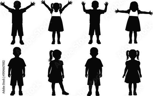 Set of happy children silhouettes featuring little boys and girls in various poses including standing and raising hands for kids play and education concepts.