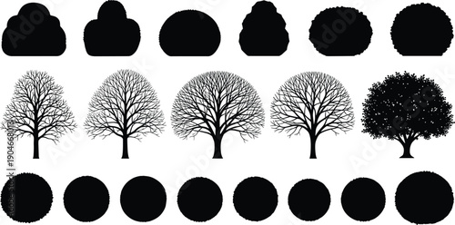 Set of tree and bush silhouettes, leafless winter branches and full summer canopy, round shrub shapes, nature vector illustrations collection isolated.
