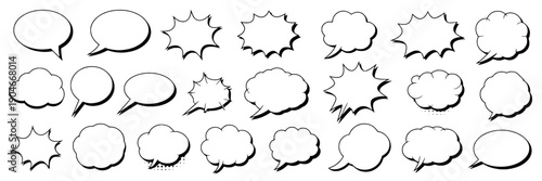 Speech bubbles and thought clouds set with various shapes and styles for comic and graphic design use featuring vector, illustration, black and white with communication and dialogue elements for