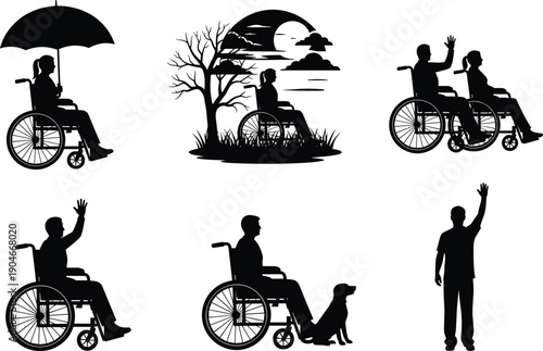 Black silhouette vector set of people in wheelchairs and disabled person with service dog for medical healthcare accessibility and social inclusion design concepts