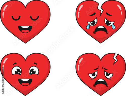 Set of red heart characters with different emotions, happy smiling faces and sad broken heart icons for love and breakup