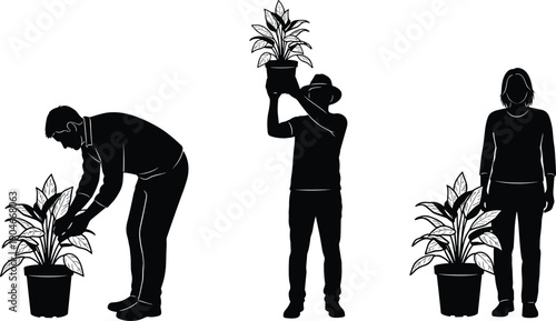 Black silhouette vector set of people gardening and caring for potted plants including a man pruning a woman standing and a farmer lifting a pot