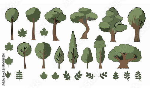 Hand Drawn Tree Collection Vector Illustration with Bare Winter Trees and Lush Green Leafy Crowns