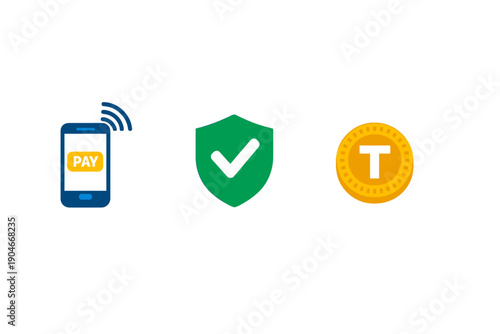 Mobile payment system displays the use of a smartphone, security check, and digital currency symbol for everyday transactions