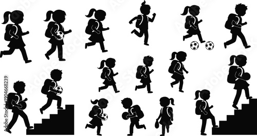 Black silhouette vector set of school children with backpacks running playing soccer and climbing stairs for education childhood development and back to school concepts
