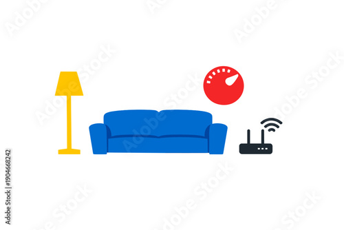 Living room setup with a blue couch, lamp, and wireless router on a white background showing a simple indoor scene