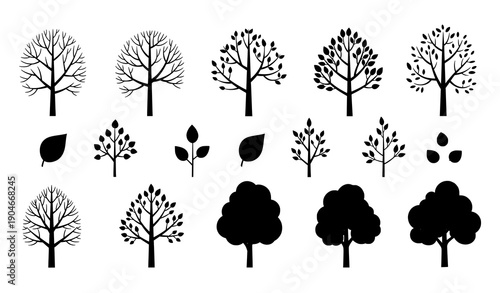 Flat Botanical Tree Icons and Leaf Elements Vector Pack with Bare and Lush Green Variations