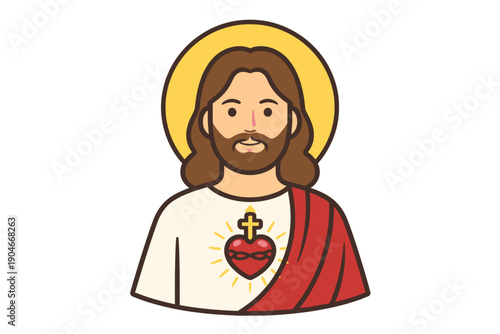 Jesus Christ Sacred Heart Icon – Divine Mercy Portrait, Holy Heart with Cross and Rays, Christian Vector Illustration