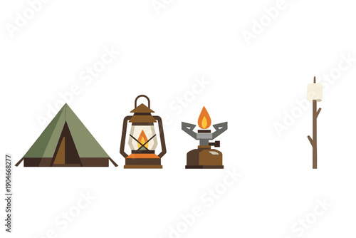Camping scene shows a tent, a lantern, a fire, and a marshmallow on a stick in a simple outdoor setting during night