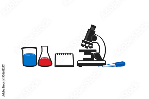 Laboratory setup includes a microscope, beakers, and a notepad for science experiments and observations at a research facility